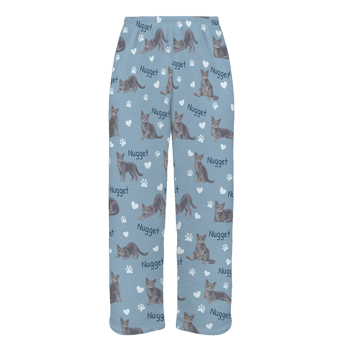 Personalized Russian Blue Cat Pajama Pants, Custom Pet Name Fleece Trousers, Cat Lover Gift — 02 Dusty Blue — full-trouser view