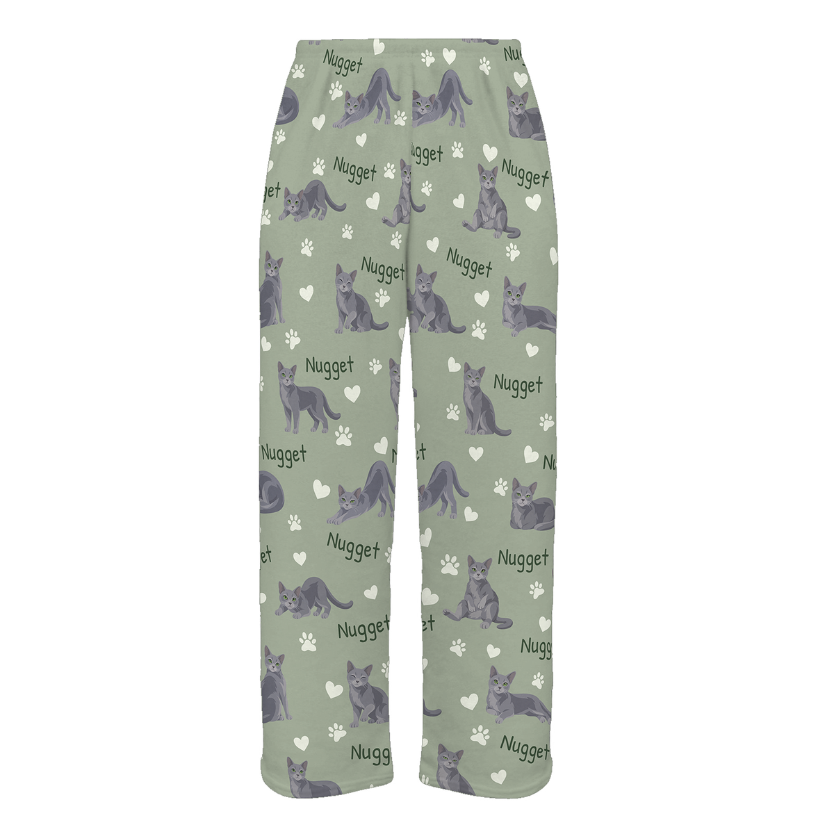 Personalized Russian Blue Cat Pajama Pants, Custom Pet Name Fleece Trousers, Cat Lover Gift — 03 Soft Sage — full-trouser view