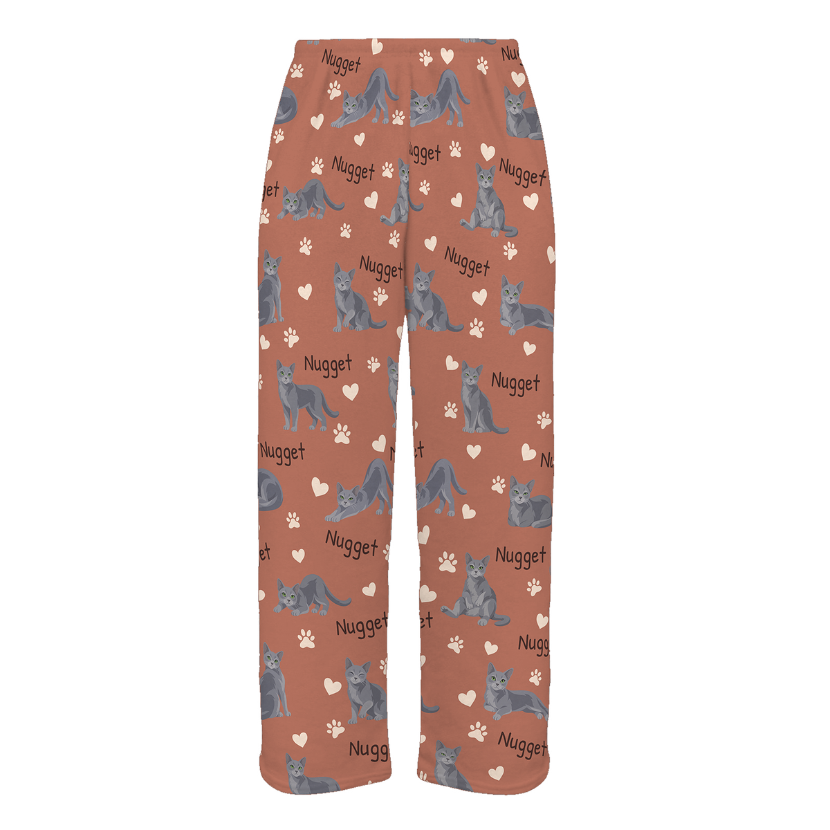 Personalized Russian Blue Cat Pajama Pants, Custom Pet Name Fleece Trousers, Cat Lover Gift — 06 Muted Terracotta — full-trouser view