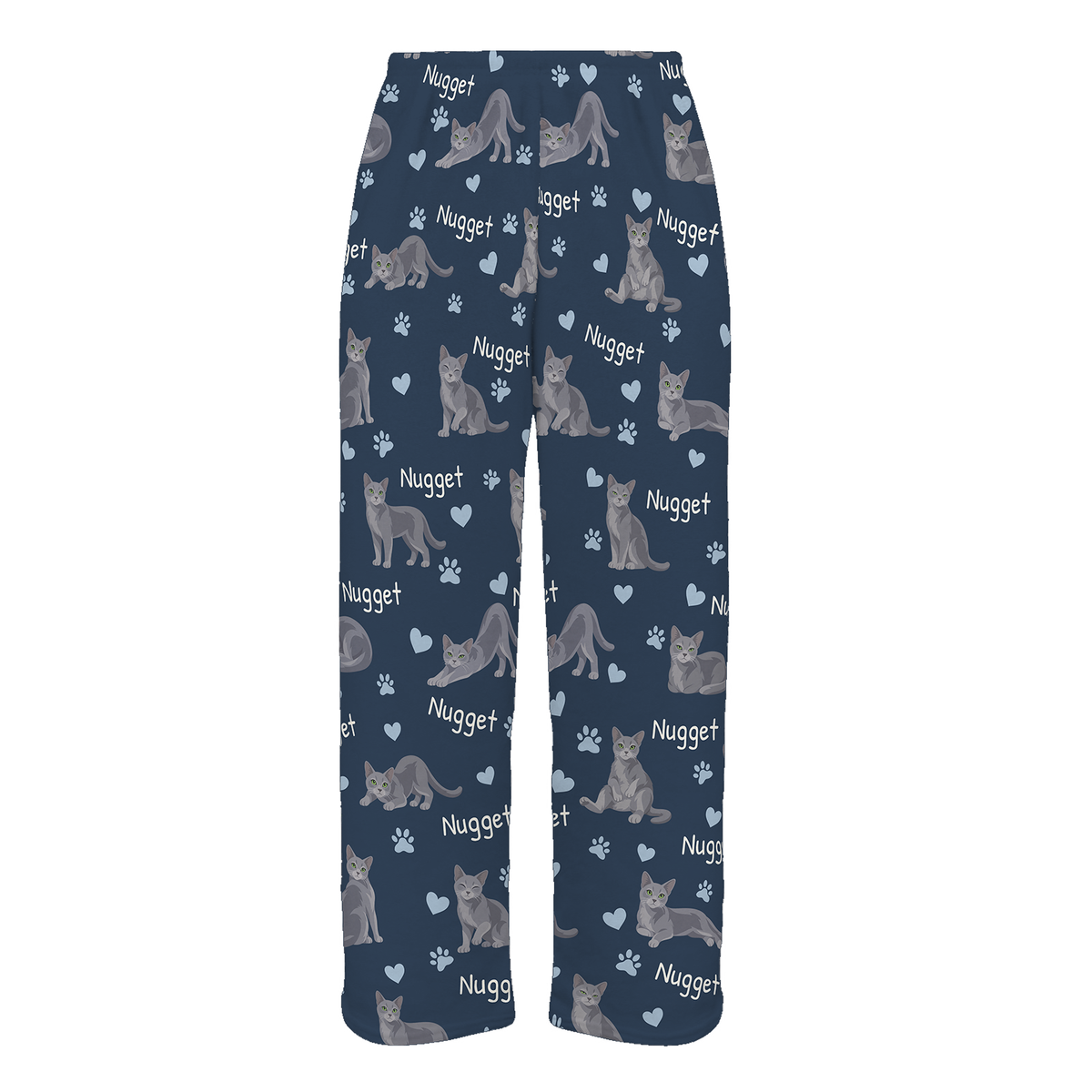 Personalized Russian Blue Cat Pajama Pants, Custom Pet Name Fleece Trousers, Cat Lover Gift — As shown — full-trouser view