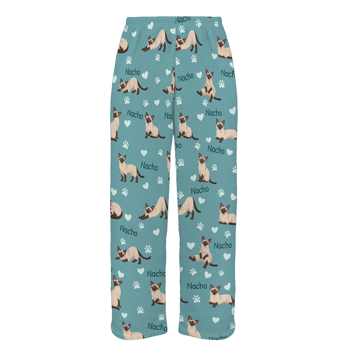Personalized Siamese Cat Pajama Pants, Custom Pet Name Fleece Trousers, Cat Lover Gift — 01 Muted Teal — full-trouser view