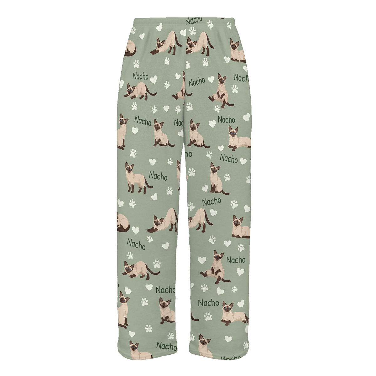Personalized Siamese Cat Pajama Pants, Custom Pet Name Fleece Trousers, Cat Lover Gift — 03 Soft Sage — full-trouser view