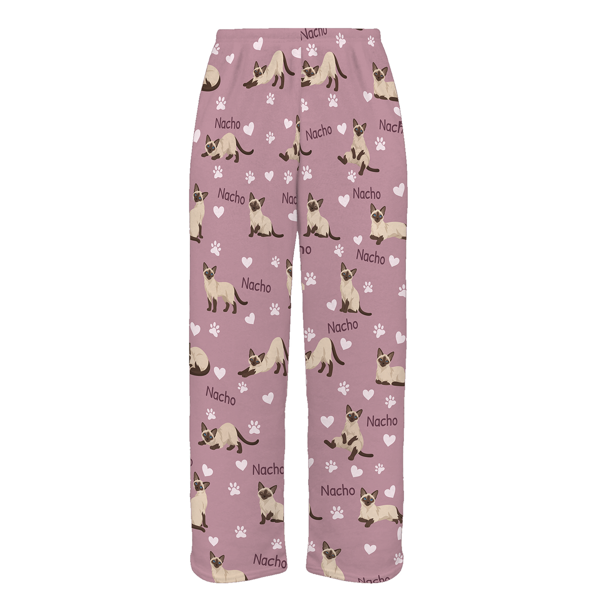 Personalized Siamese Cat Pajama Pants, Custom Pet Name Fleece Trousers, Cat Lover Gift — 04 Dusty Rose — full-trouser view