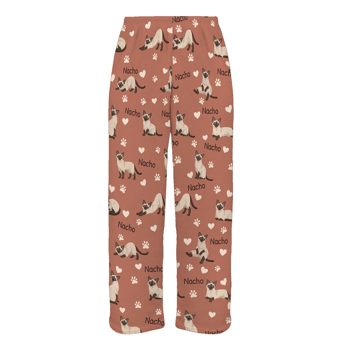 Personalized Siamese Cat Pajama Pants, Custom Pet Name Fleece Trousers, Cat Lover Gift — 06 Muted Terracotta — full-trouser view