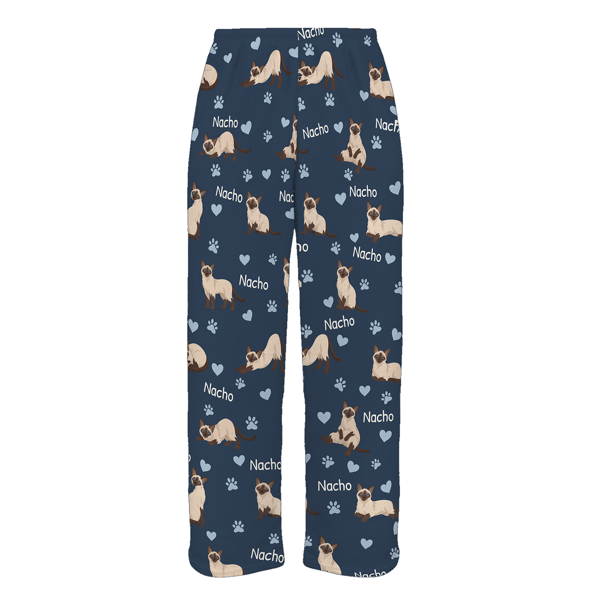Personalized Siamese Cat Pajama Pants, Custom Pet Name Fleece Trousers, Cat Lover Gift — As shown — full-trouser view