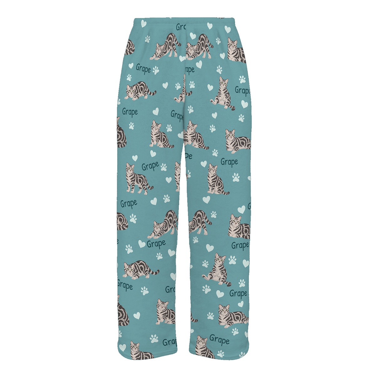 Personalized American Shorthair Cat Pajama Pants, Custom Pet Name Fleece Trousers, Cat Lover Gift — 01 Muted Teal — full-trouser view