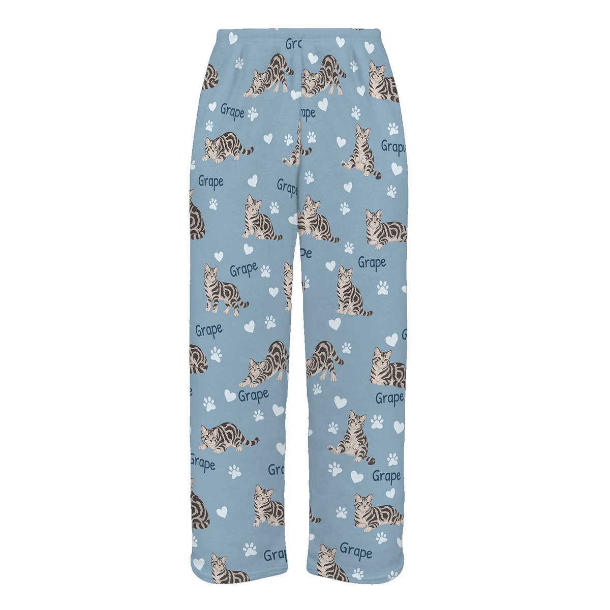 Personalized American Shorthair Cat Pajama Pants, Custom Pet Name Fleece Trousers, Cat Lover Gift — 02 Dusty Blue — full-trouser view
