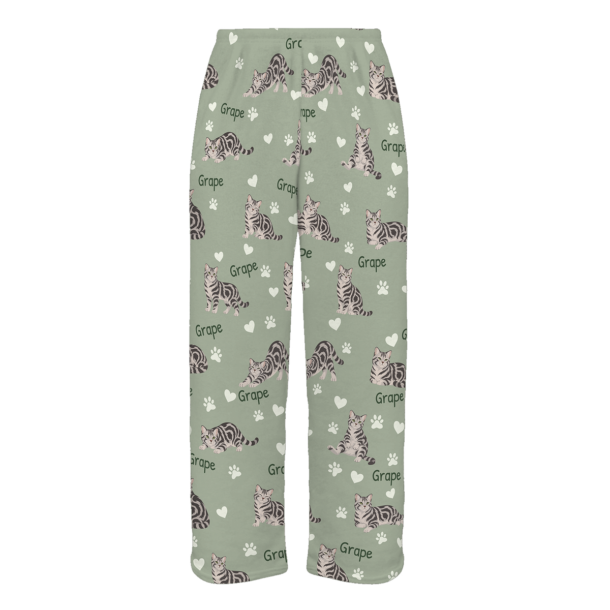 Personalized American Shorthair Cat Pajama Pants, Custom Pet Name Fleece Trousers, Cat Lover Gift — 03 Soft Sage — full-trouser view