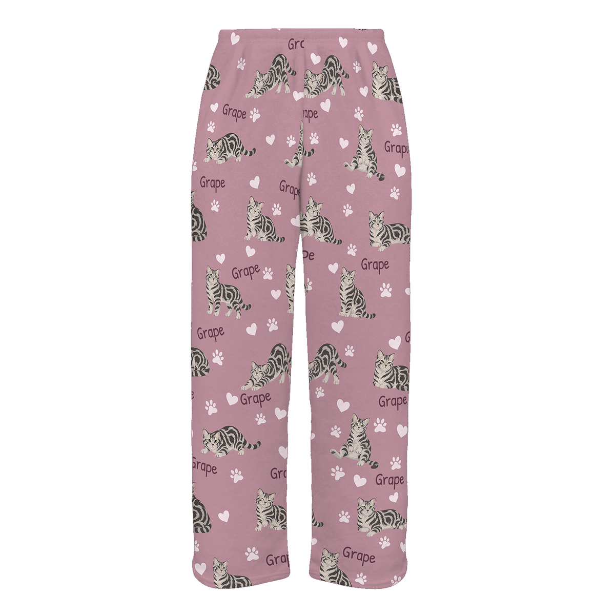Personalized American Shorthair Cat Pajama Pants, Custom Pet Name Fleece Trousers, Cat Lover Gift — 04 Dusty Rose — full-trouser view