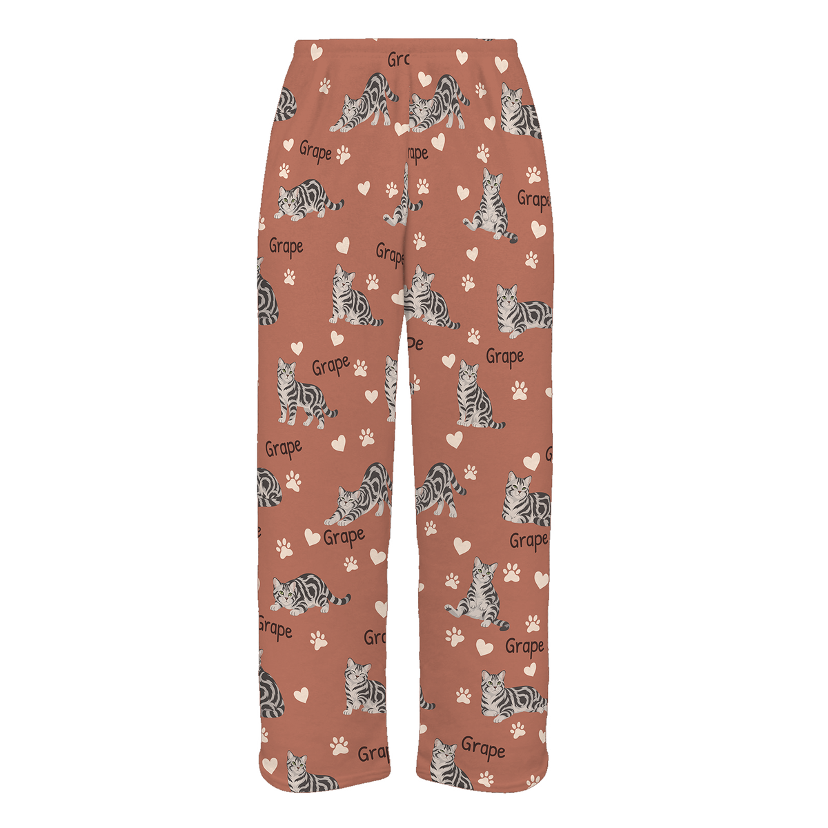 Personalized American Shorthair Cat Pajama Pants, Custom Pet Name Fleece Trousers, Cat Lover Gift — 06 Muted Terracotta — full-trouser view
