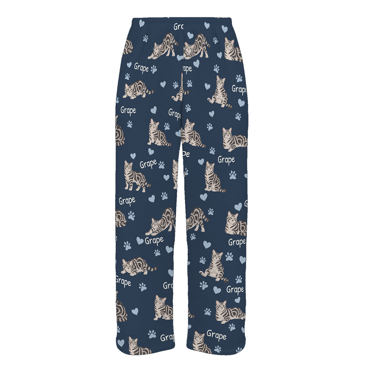 Personalized American Shorthair Cat Pajama Pants, Custom Pet Name Fleece Trousers, Cat Lover Gift — As shown — full-trouser view