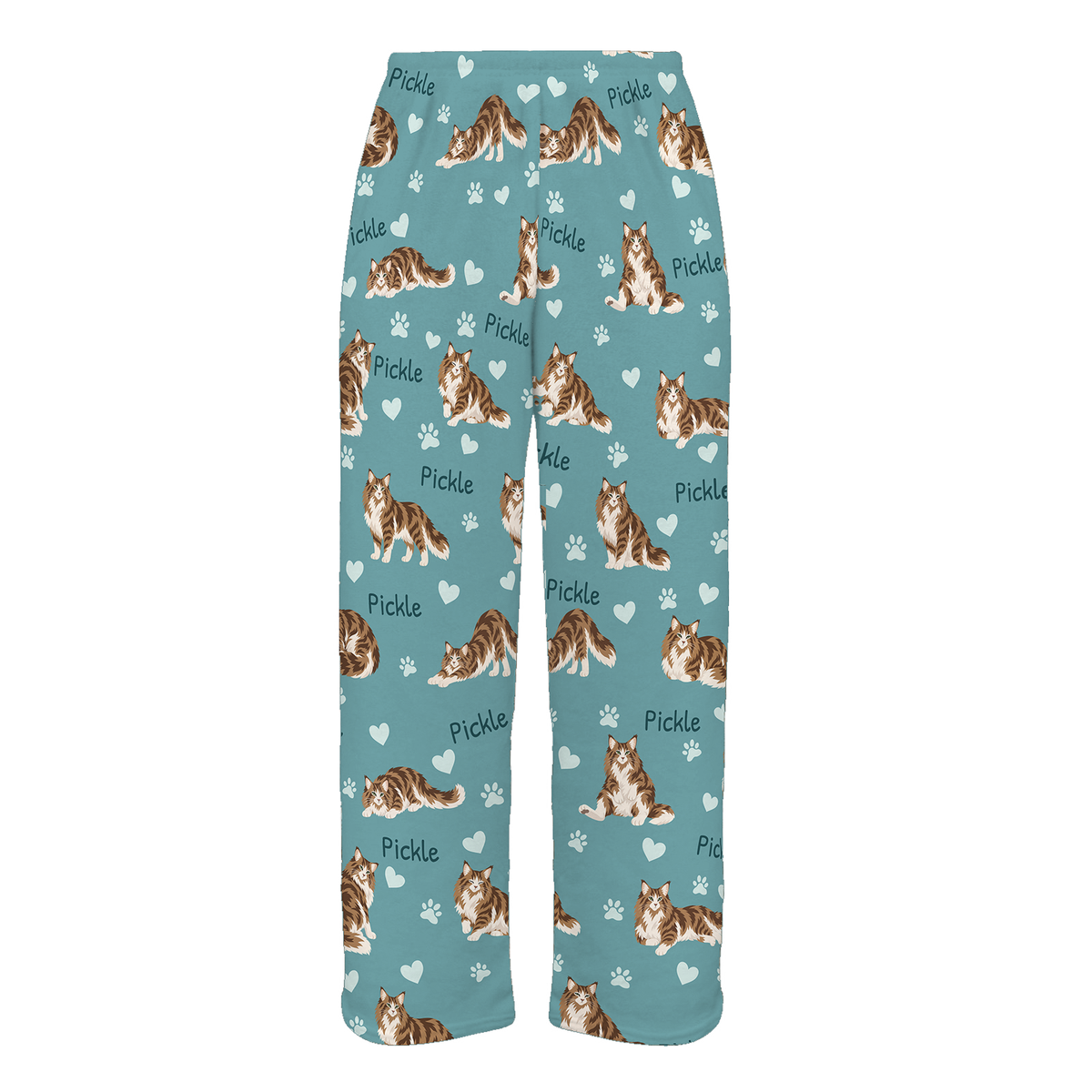 Personalized Norwegian Forest Cat Pajama Pants, Custom Pet Name Fleece Trousers, Cat Lover Gift — 01 Muted Teal — full-trouser view