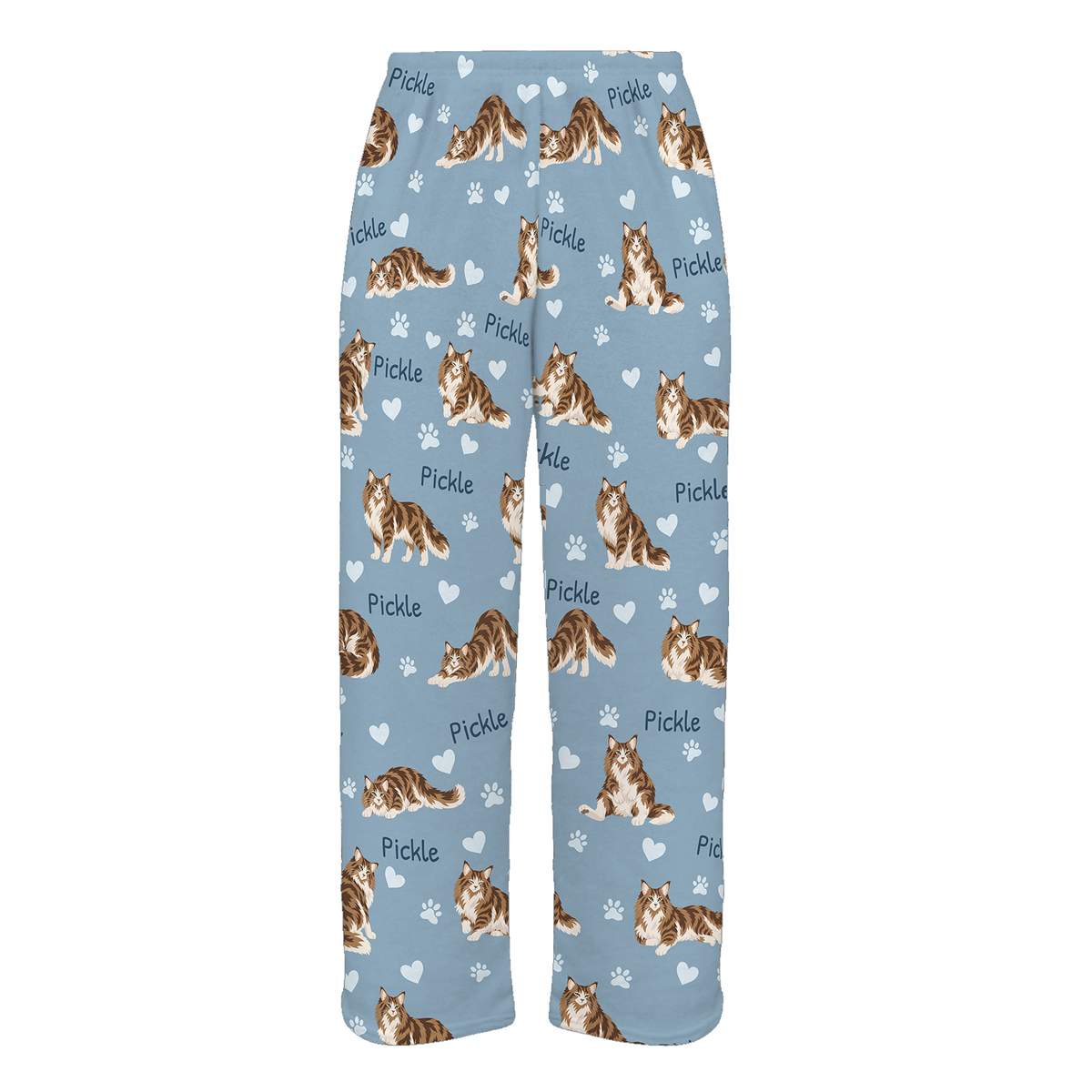 Personalized Norwegian Forest Cat Pajama Pants, Custom Pet Name Fleece Trousers, Cat Lover Gift — 02 Dusty Blue — full-trouser view