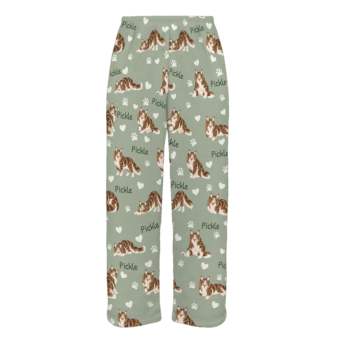 Personalized Norwegian Forest Cat Pajama Pants, Custom Pet Name Fleece Trousers, Cat Lover Gift — 03 Soft Sage — full-trouser view