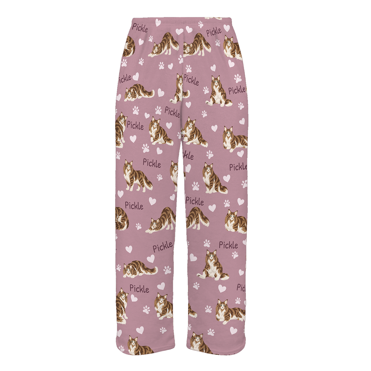 Personalized Norwegian Forest Cat Pajama Pants, Custom Pet Name Fleece Trousers, Cat Lover Gift — 04 Dusty Rose — full-trouser view