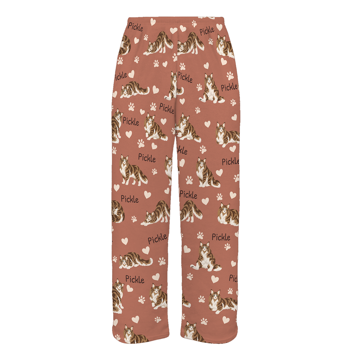 Personalized Norwegian Forest Cat Pajama Pants, Custom Pet Name Fleece Trousers, Cat Lover Gift — 06 Muted Terracotta — full-trouser view