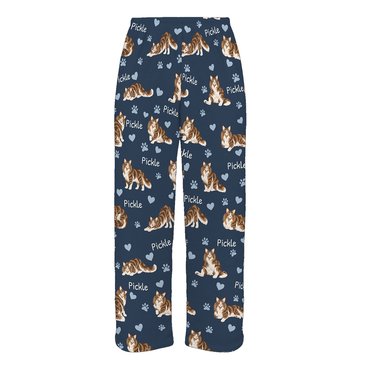 Personalized Norwegian Forest Cat Pajama Pants, Custom Pet Name Fleece Trousers, Cat Lover Gift — As shown — full-trouser view