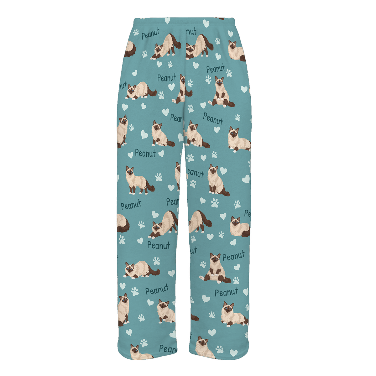 Personalized Birman Cat Pajama Pants, Custom Pet Name Fleece Trousers, Cat Lover Gift — 01 Muted Teal — full-trouser view