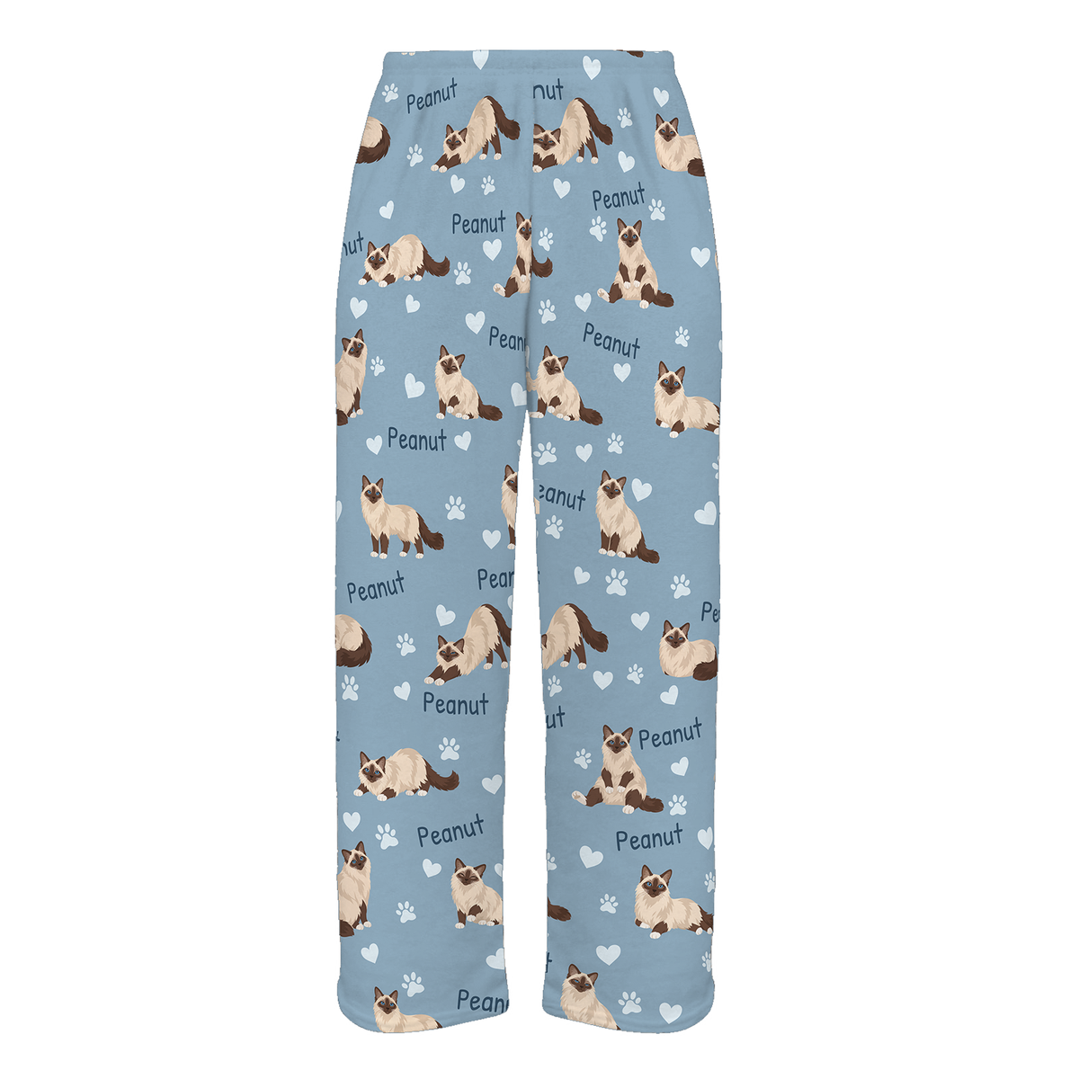 Personalized Birman Cat Pajama Pants, Custom Pet Name Fleece Trousers, Cat Lover Gift — 02 Dusty Blue — full-trouser view