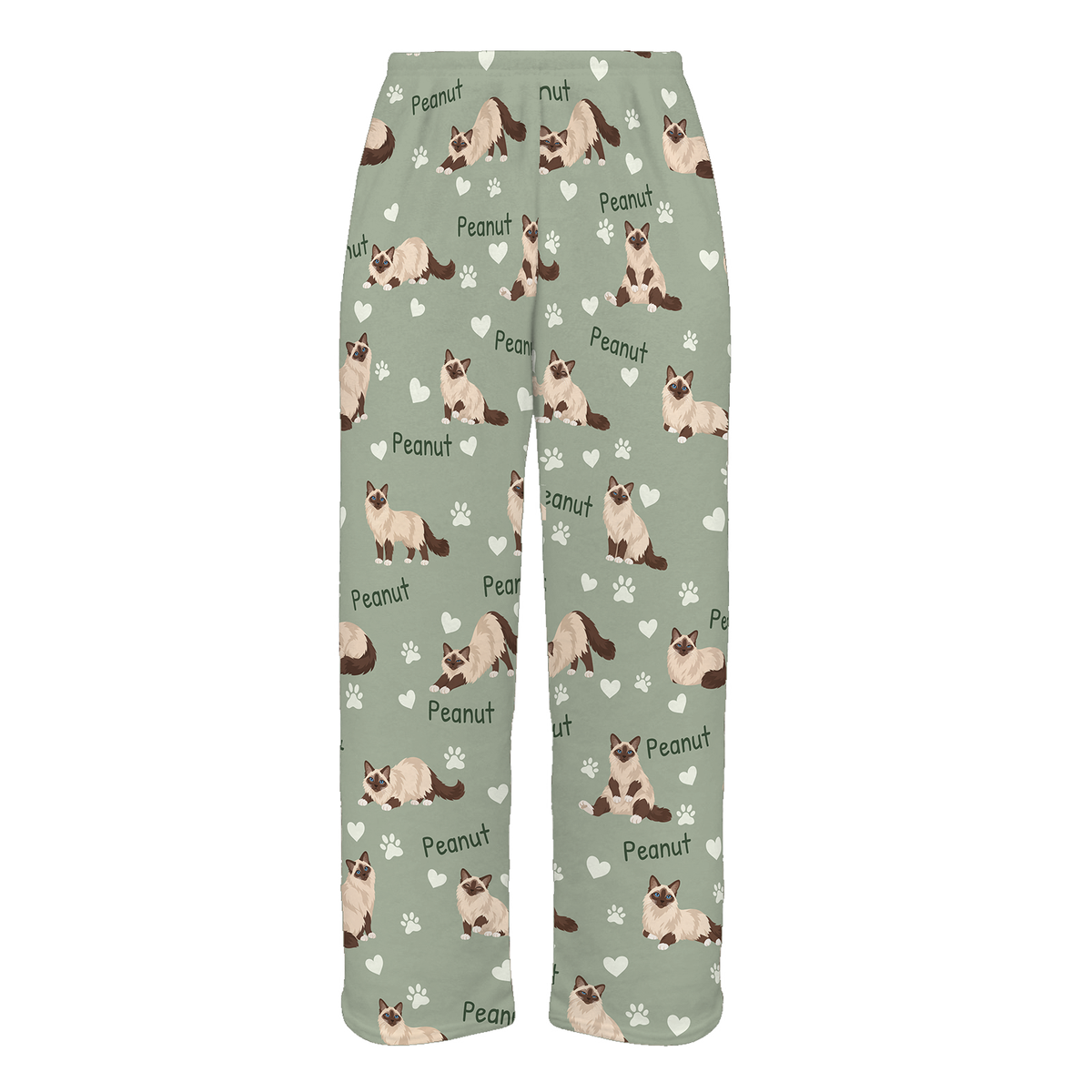 Personalized Birman Cat Pajama Pants, Custom Pet Name Fleece Trousers, Cat Lover Gift — 03 Soft Sage — full-trouser view