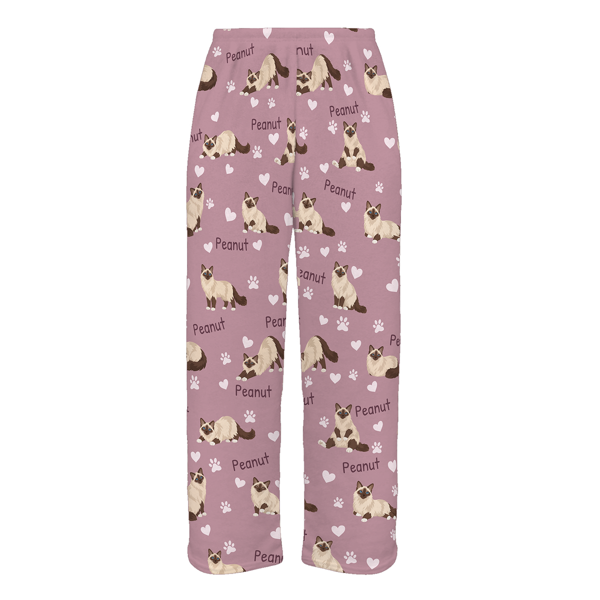 Personalized Birman Cat Pajama Pants, Custom Pet Name Fleece Trousers, Cat Lover Gift — 04 Dusty Rose — full-trouser view