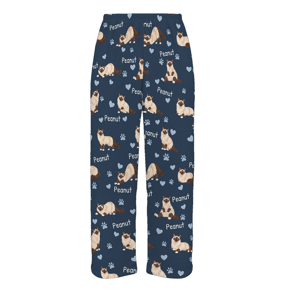 Personalized Birman Cat Pajama Pants, Custom Pet Name Fleece Trousers, Cat Lover Gift — 05 Deep Navy — full-trouser view