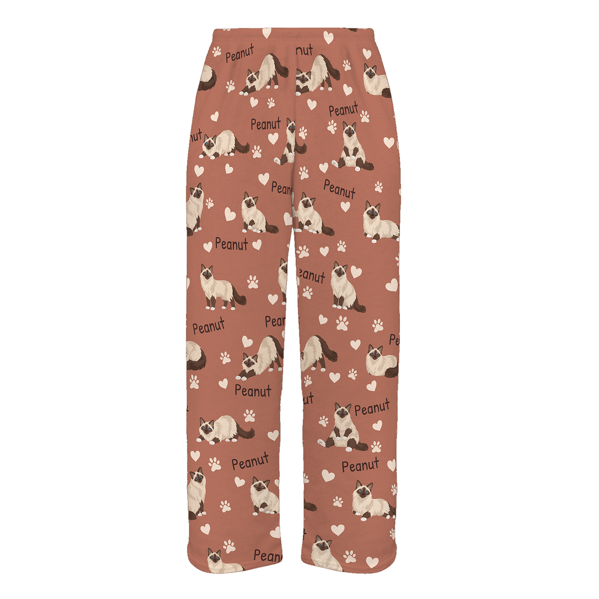 Personalized Birman Cat Pajama Pants, Custom Pet Name Fleece Trousers, Cat Lover Gift — 06 Muted Terracotta — full-trouser view