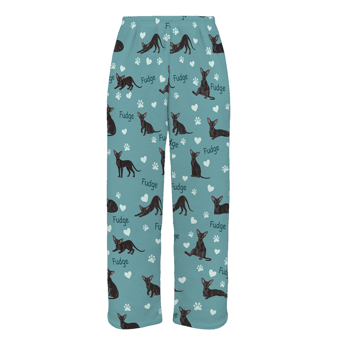 Personalized Oriental Cat Pajama Pants, Custom Pet Name Fleece Trousers, Cat Lover Gift — 01 Muted Teal — full-trouser view