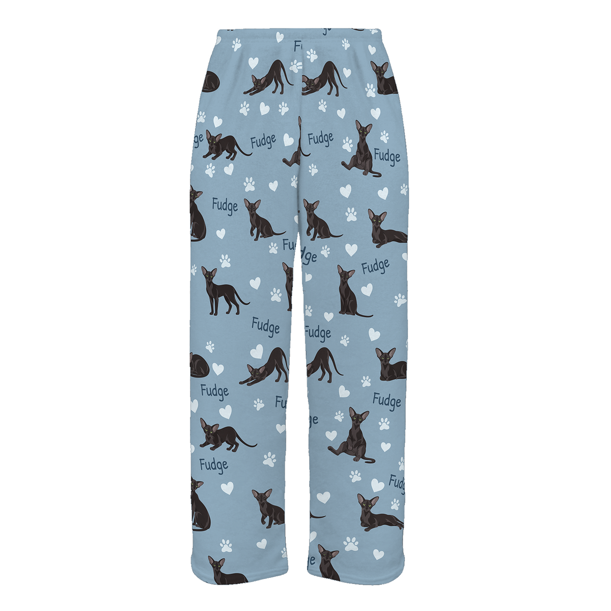 Personalized Oriental Cat Pajama Pants, Custom Pet Name Fleece Trousers, Cat Lover Gift — 02 Dusty Blue — full-trouser view