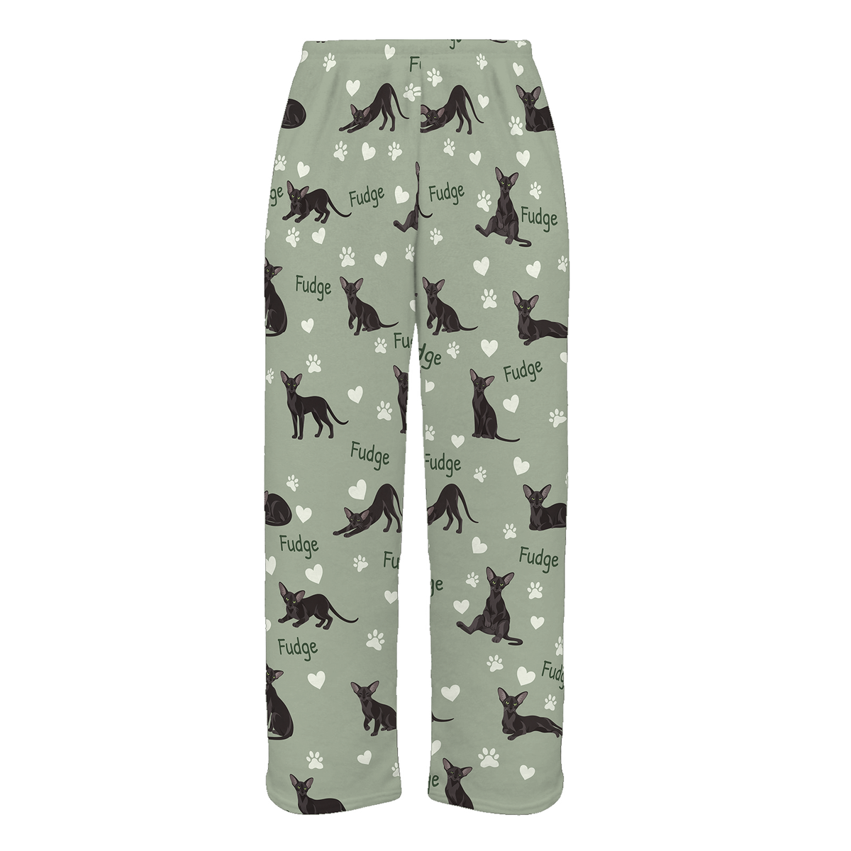 Personalized Oriental Cat Pajama Pants, Custom Pet Name Fleece Trousers, Cat Lover Gift — 03 Soft Sage — full-trouser view