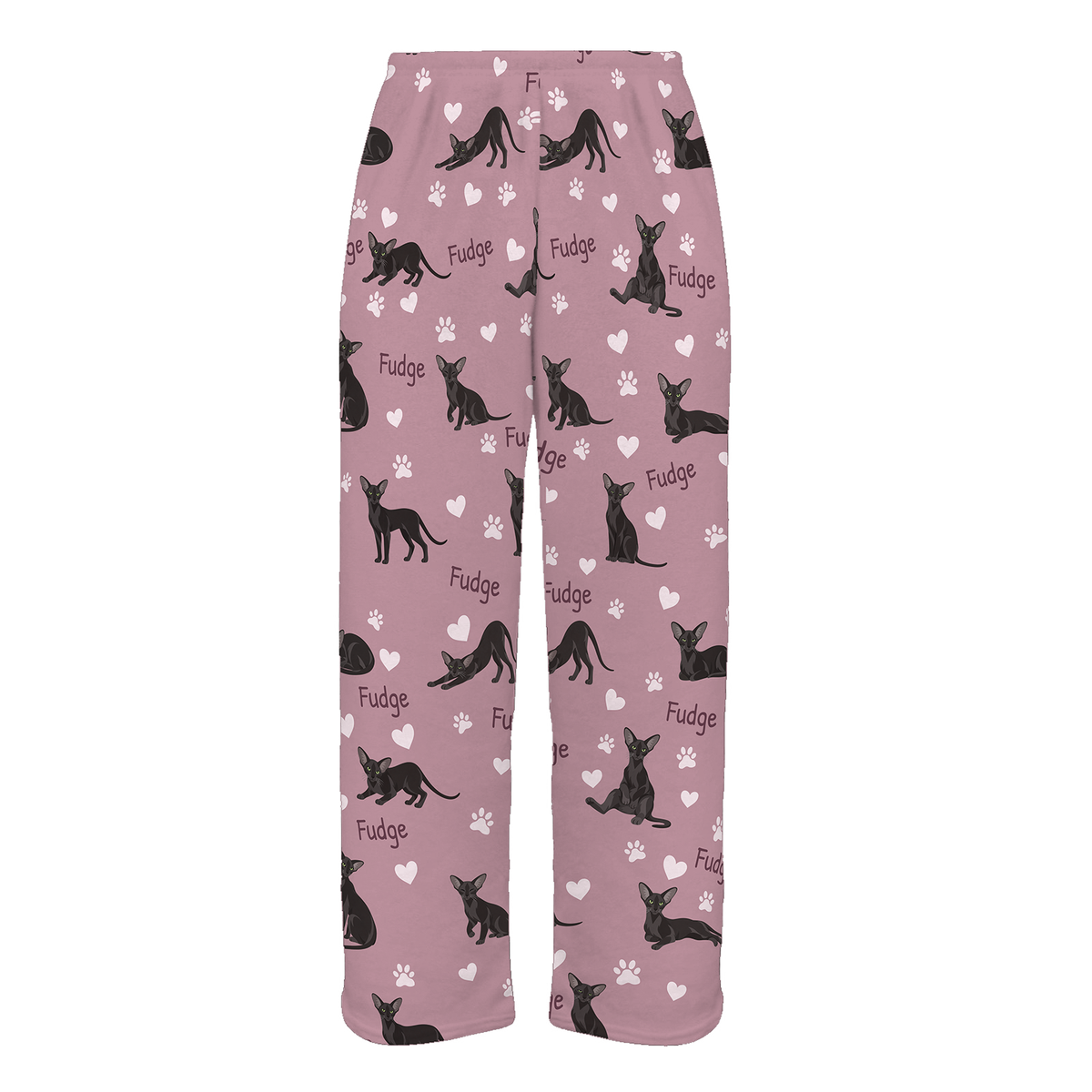 Personalized Oriental Cat Pajama Pants, Custom Pet Name Fleece Trousers, Cat Lover Gift — 04 Dusty Rose — full-trouser view
