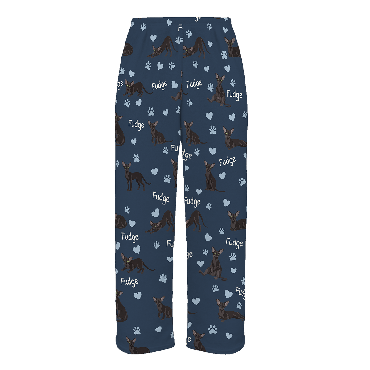 Personalized Oriental Cat Pajama Pants, Custom Pet Name Fleece Trousers, Cat Lover Gift — 05 Deep Navy — full-trouser view