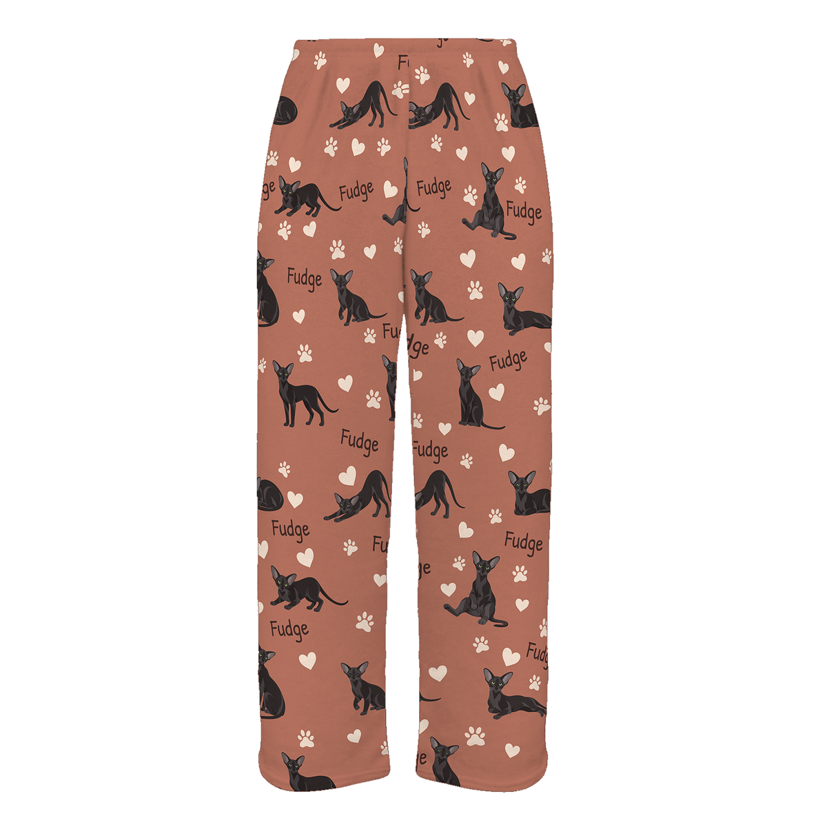 Personalized Oriental Cat Pajama Pants, Custom Pet Name Fleece Trousers, Cat Lover Gift — 06 Muted Terracotta — full-trouser view
