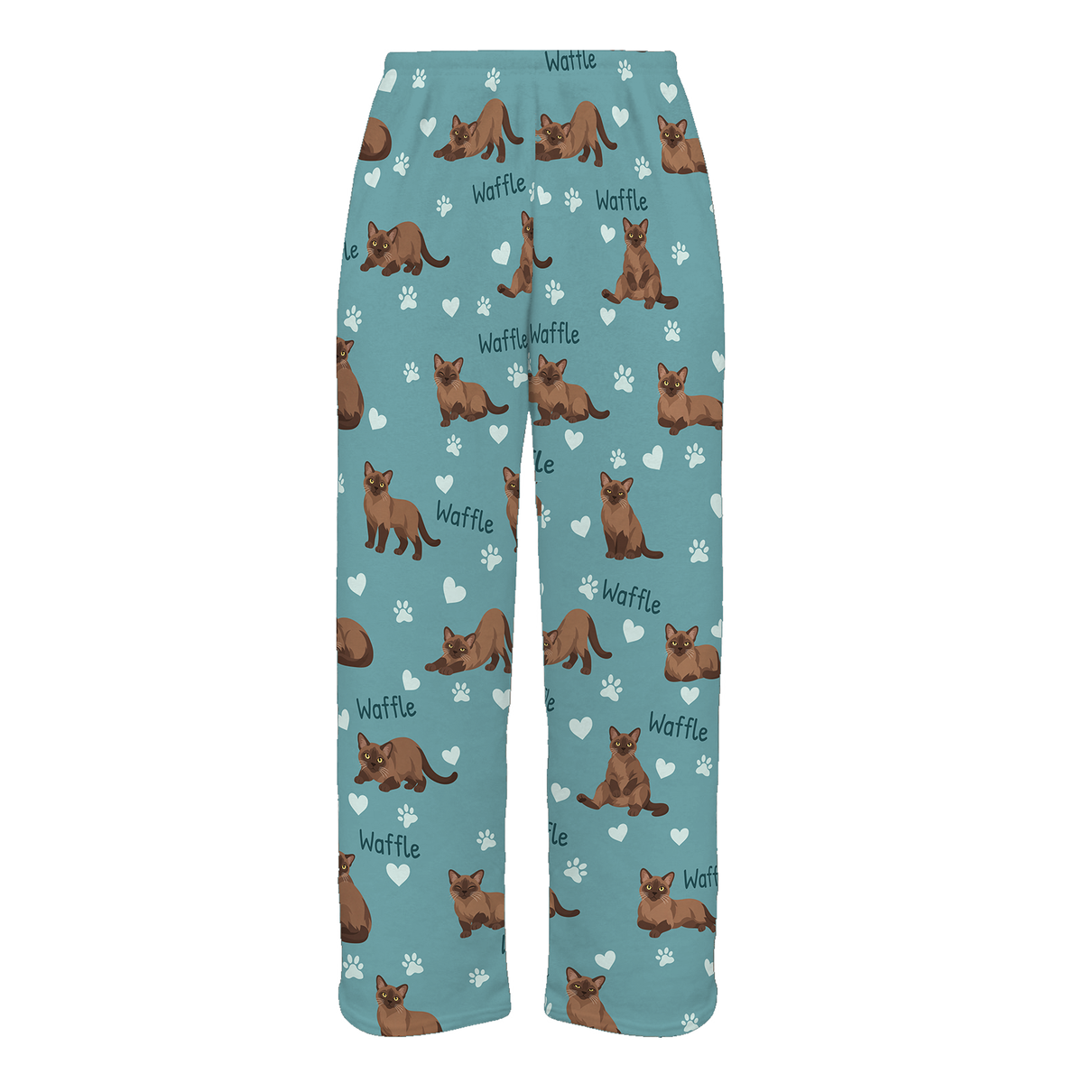 Personalized Burmese Cat Pajama Pants, Custom Pet Name Fleece Trousers, Cat Lover Gift — 01 Muted Teal — full-trouser view