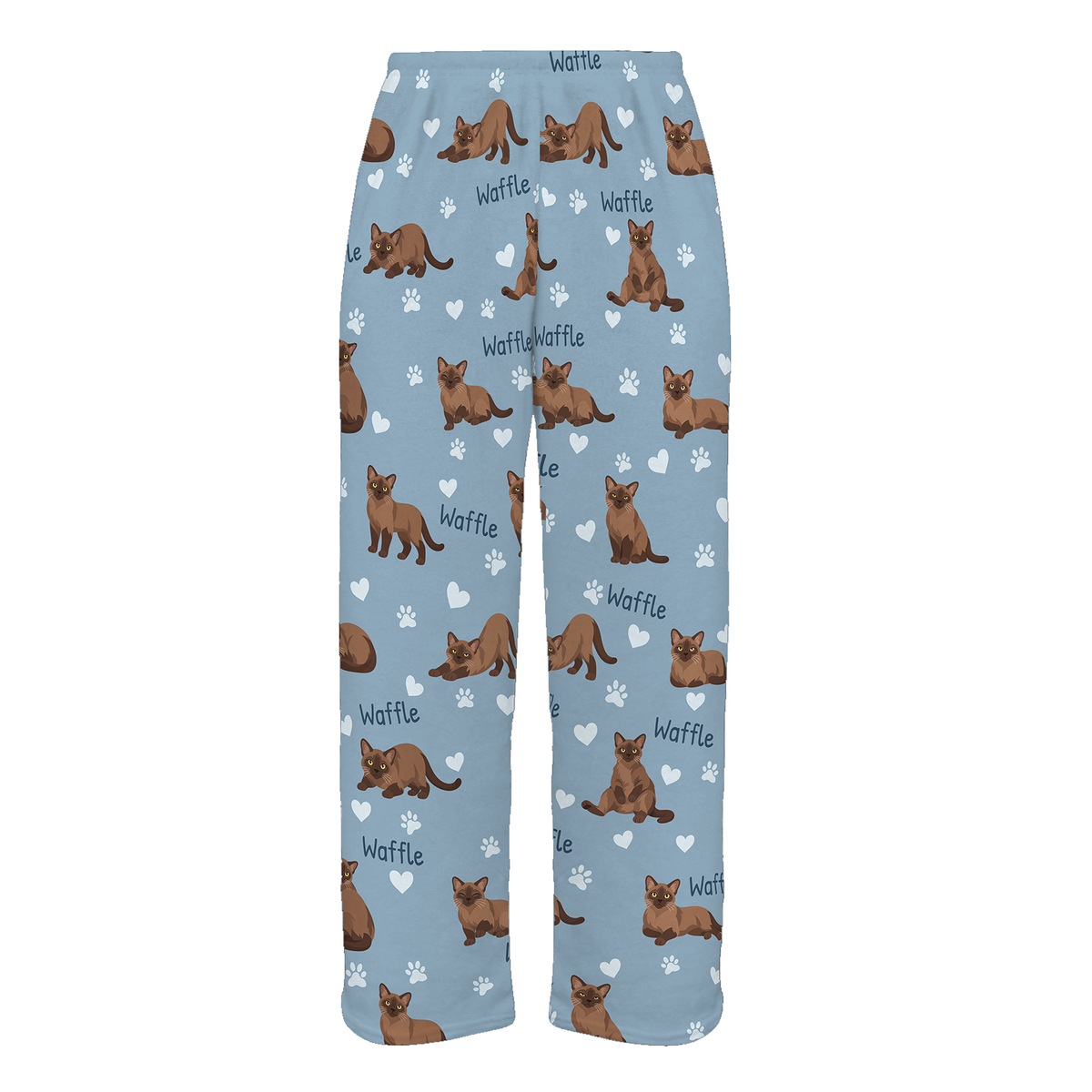 Personalized Burmese Cat Pajama Pants, Custom Pet Name Fleece Trousers, Cat Lover Gift — 02 Dusty Blue — full-trouser view