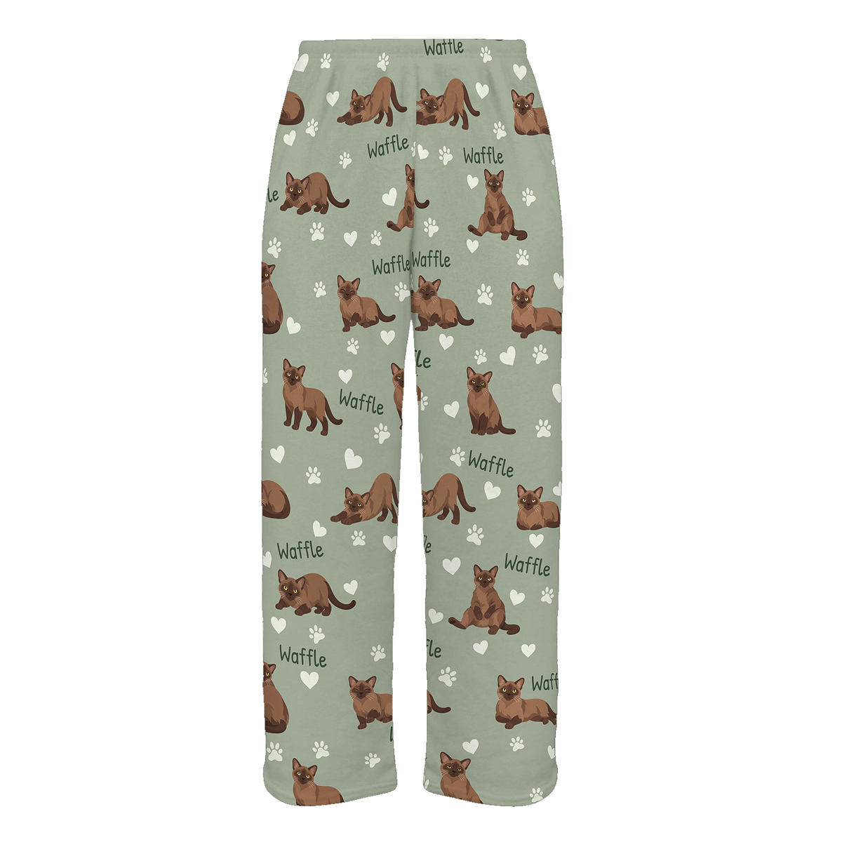 Personalized Burmese Cat Pajama Pants, Custom Pet Name Fleece Trousers, Cat Lover Gift — 03 Soft Sage — full-trouser view
