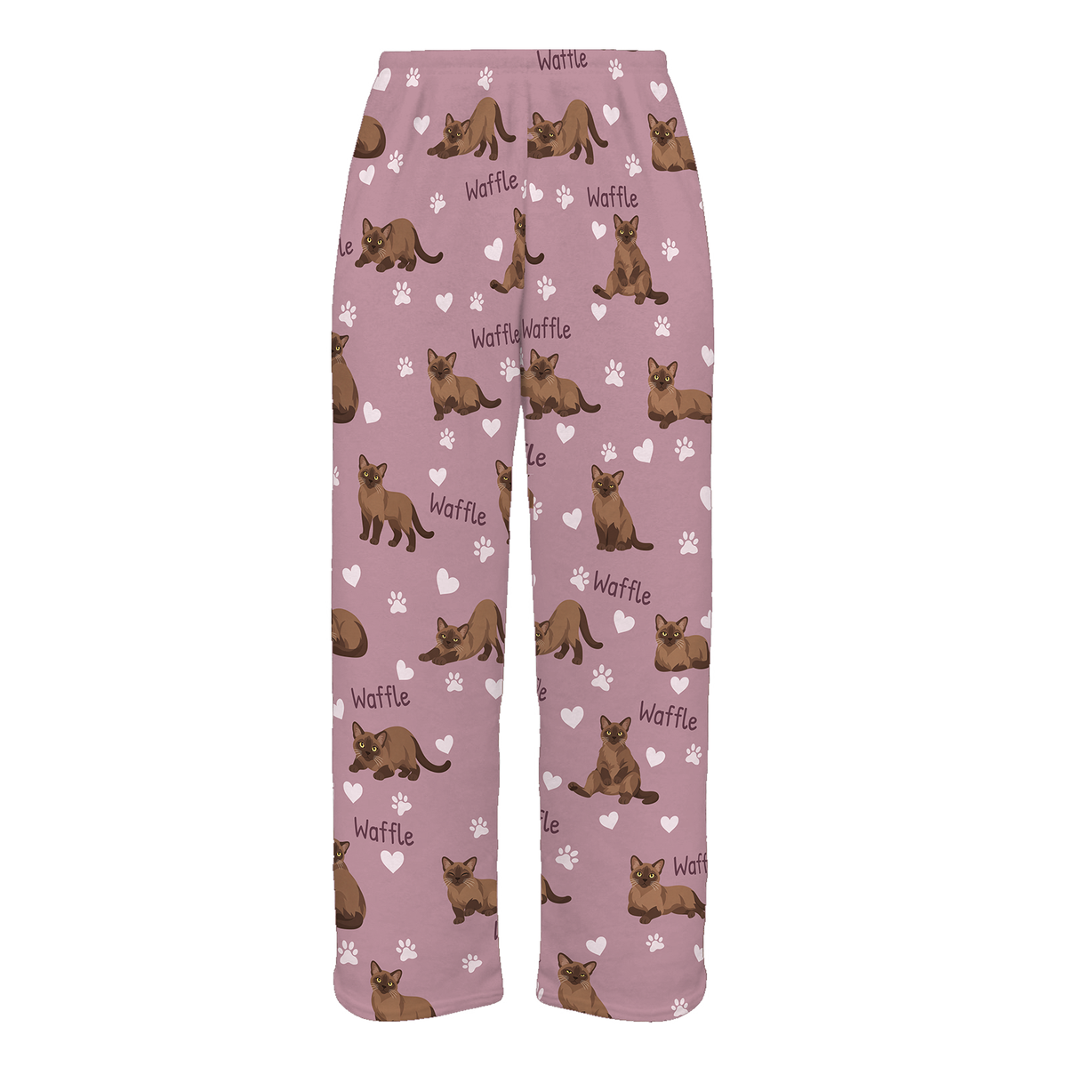 Personalized Burmese Cat Pajama Pants, Custom Pet Name Fleece Trousers, Cat Lover Gift — 04 Dusty Rose — full-trouser view