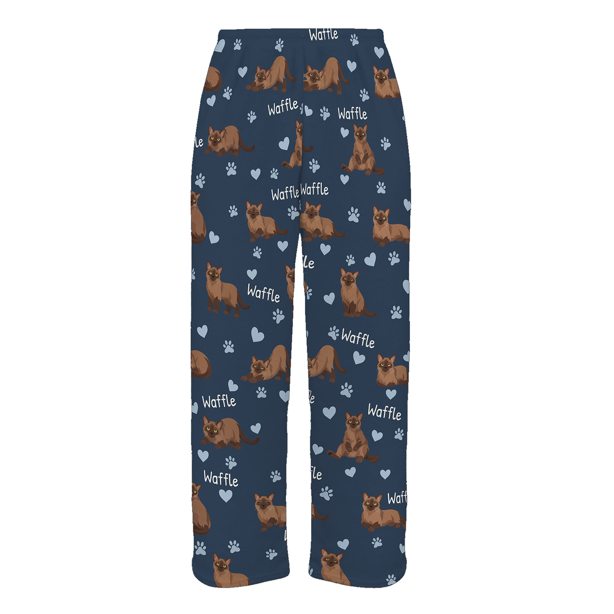 Personalized Burmese Cat Pajama Pants, Custom Pet Name Fleece Trousers, Cat Lover Gift — 05 Deep Navy — full-trouser view