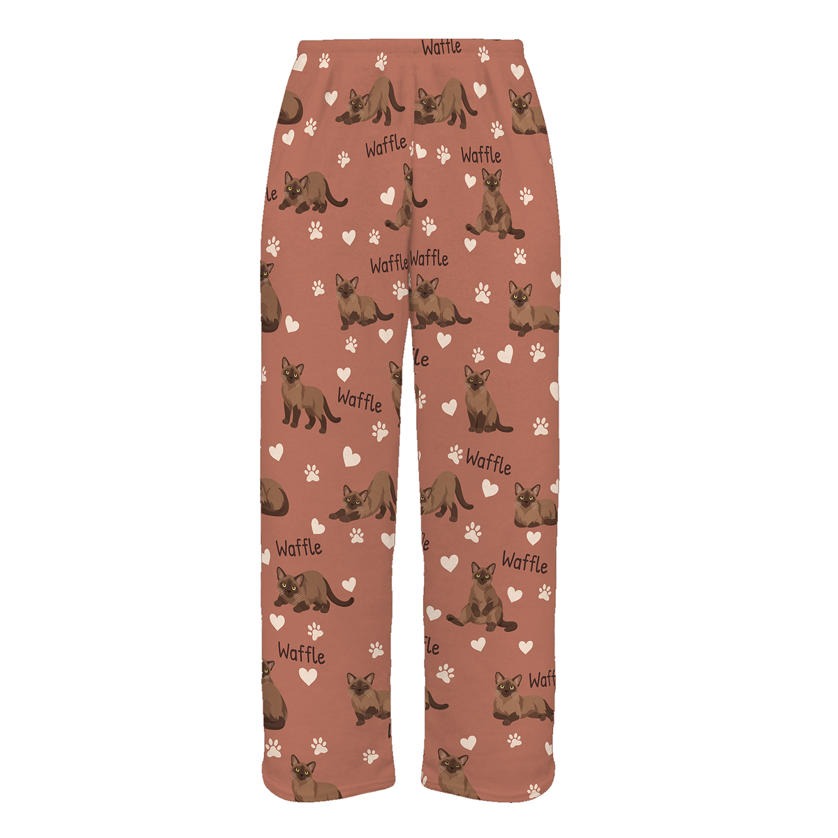 Personalized Burmese Cat Pajama Pants, Custom Pet Name Fleece Trousers, Cat Lover Gift — 06 Muted Terracotta — full-trouser view