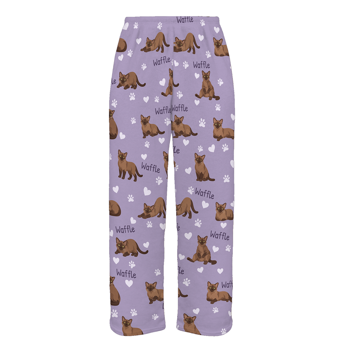 Personalized Burmese Cat Pajama Pants, Custom Pet Name Fleece Trousers, Cat Lover Gift — As shown — full-trouser view