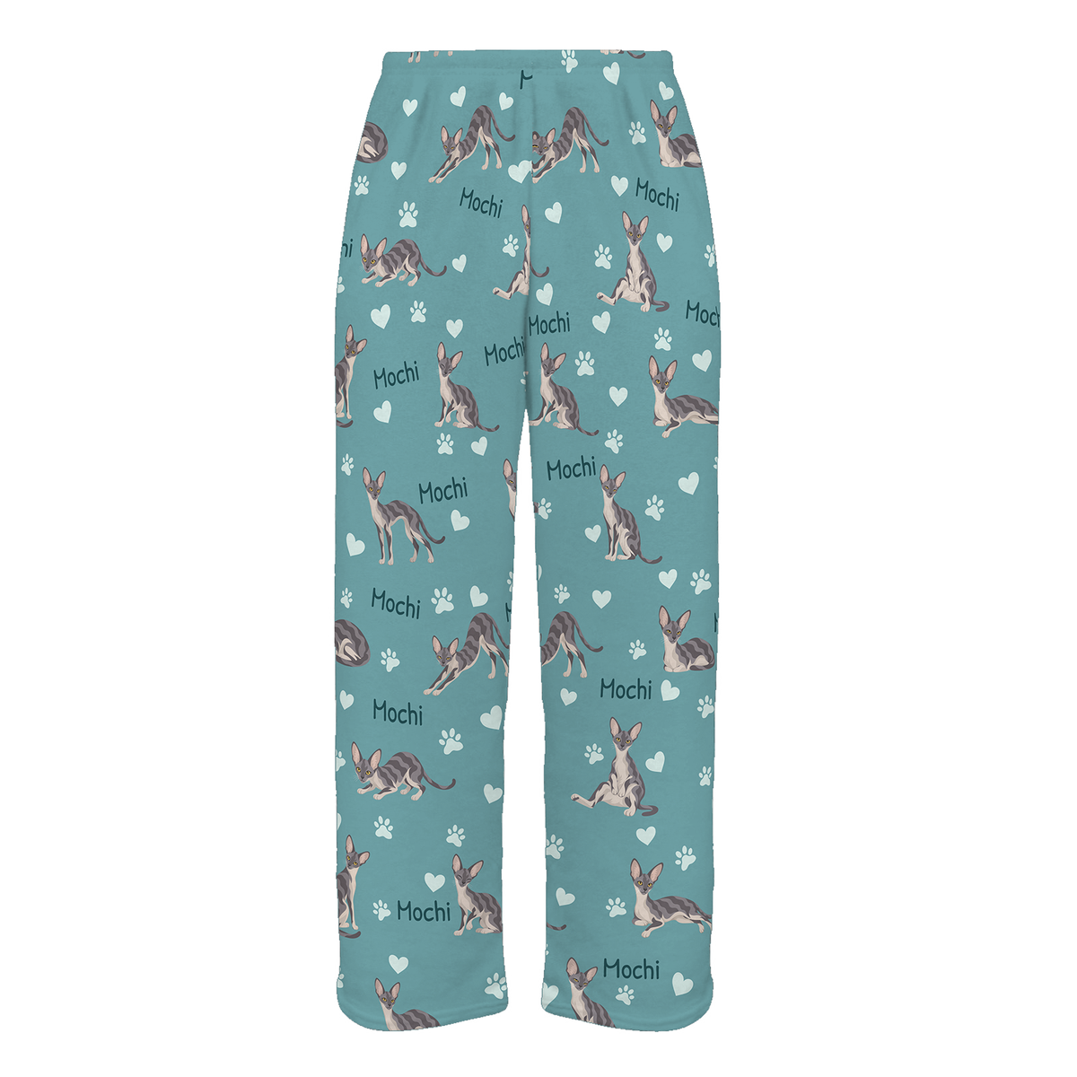 Personalized Cornish Rex Cat Pajama Pants, Custom Pet Name Fleece Trousers, Cat Lover Gift — 01 Muted Teal — full-trouser view