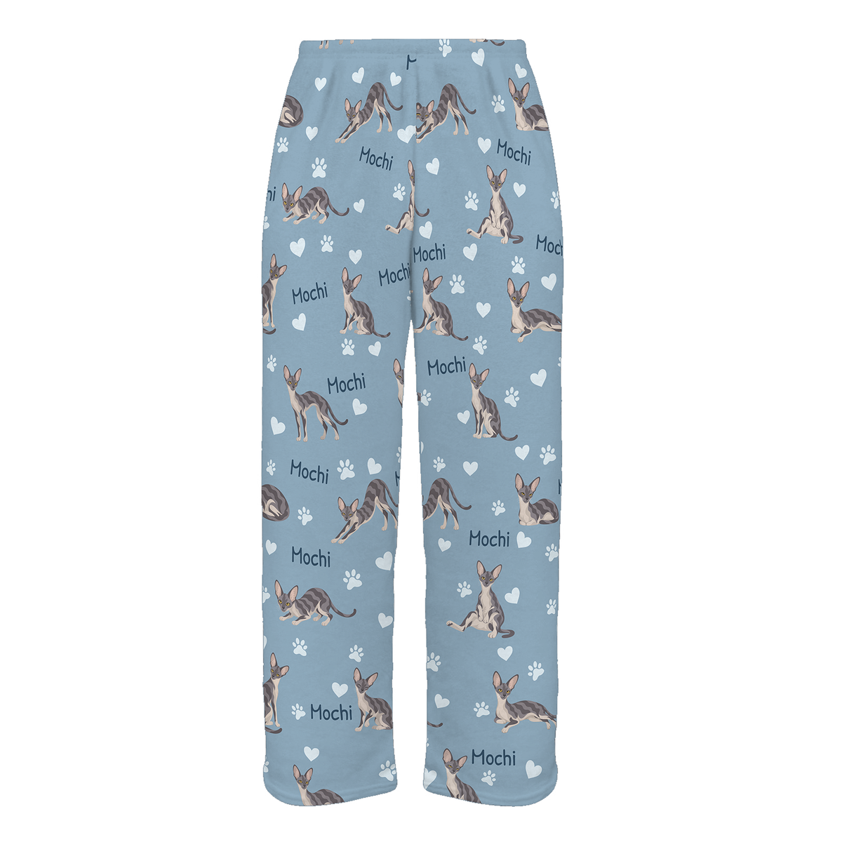 Personalized Cornish Rex Cat Pajama Pants, Custom Pet Name Fleece Trousers, Cat Lover Gift — 02 Dusty Blue — full-trouser view
