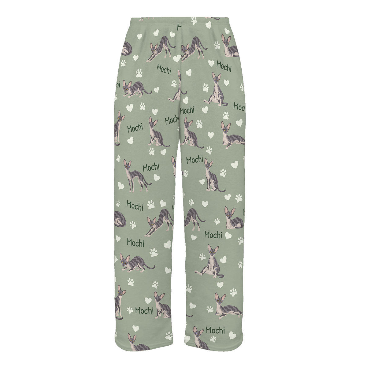 Personalized Cornish Rex Cat Pajama Pants, Custom Pet Name Fleece Trousers, Cat Lover Gift — 03 Soft Sage — full-trouser view