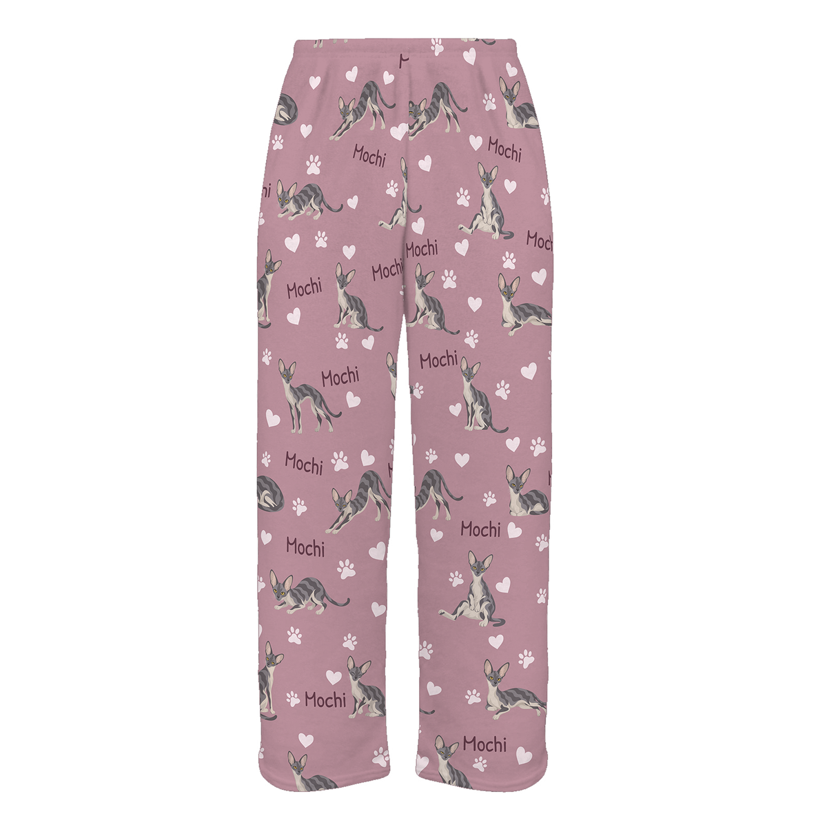 Personalized Cornish Rex Cat Pajama Pants, Custom Pet Name Fleece Trousers, Cat Lover Gift — 04 Dusty Rose — full-trouser view