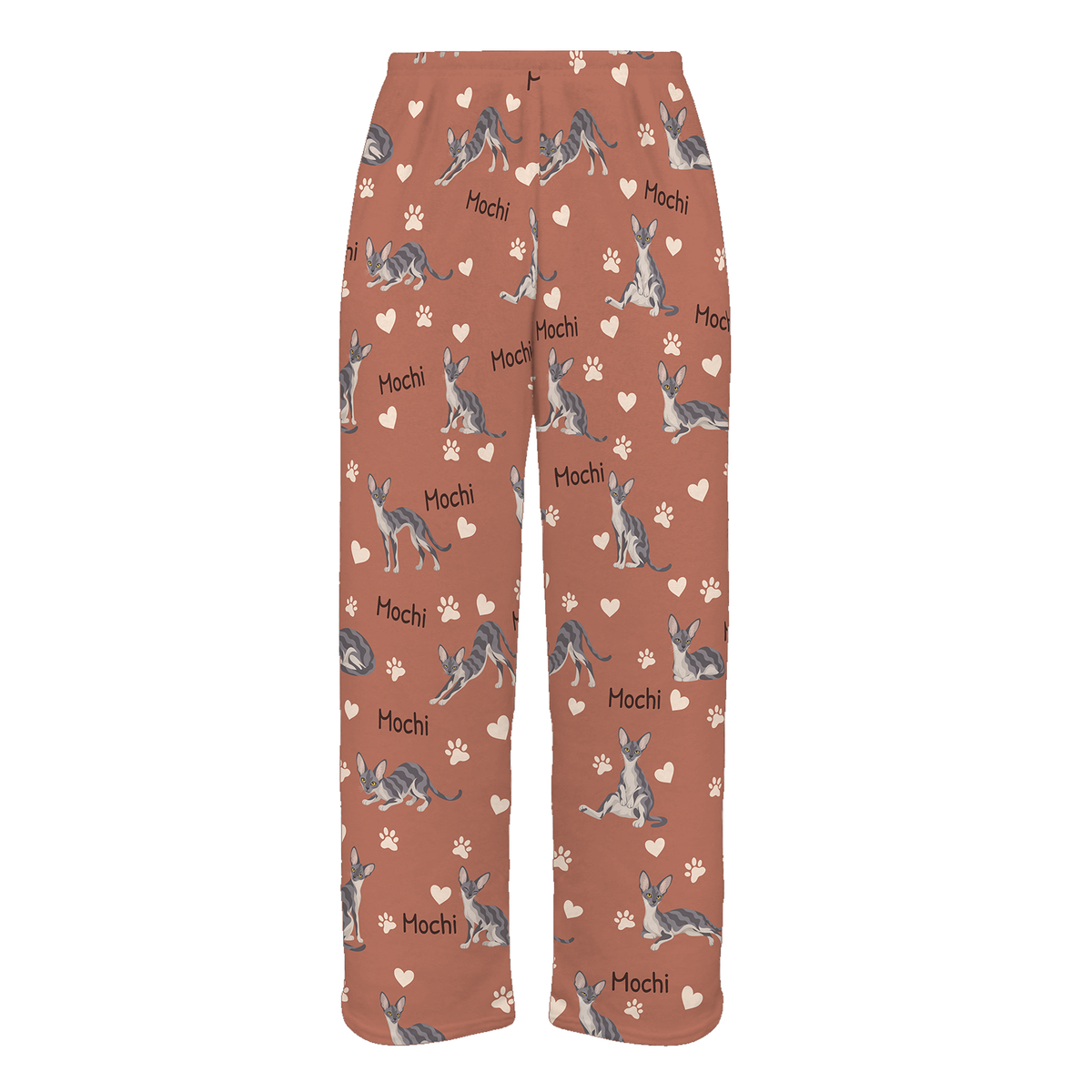 Personalized Cornish Rex Cat Pajama Pants, Custom Pet Name Fleece Trousers, Cat Lover Gift — 06 Muted Terracotta — full-trouser view