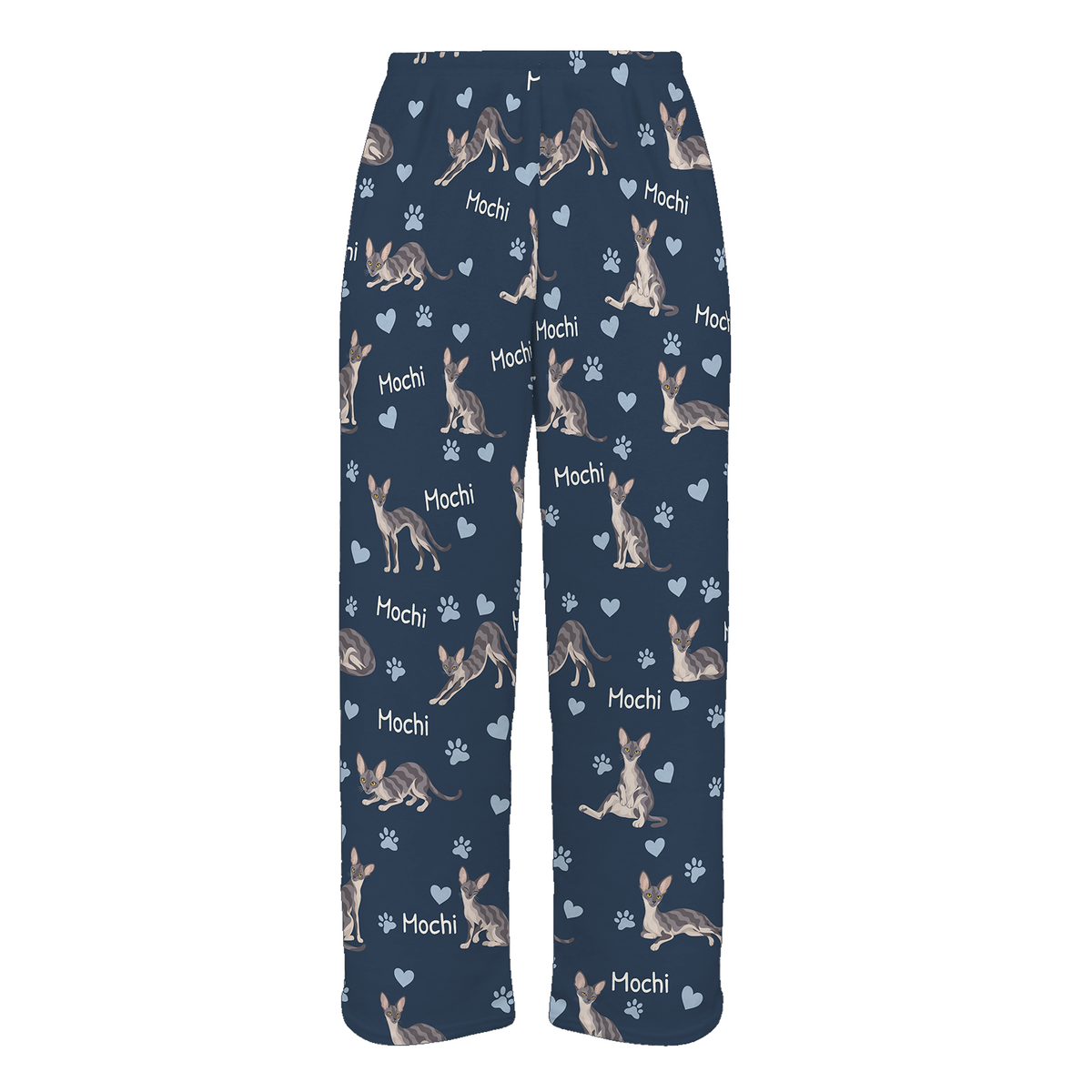 Personalized Cornish Rex Cat Pajama Pants, Custom Pet Name Fleece Trousers, Cat Lover Gift — As shown — full-trouser view