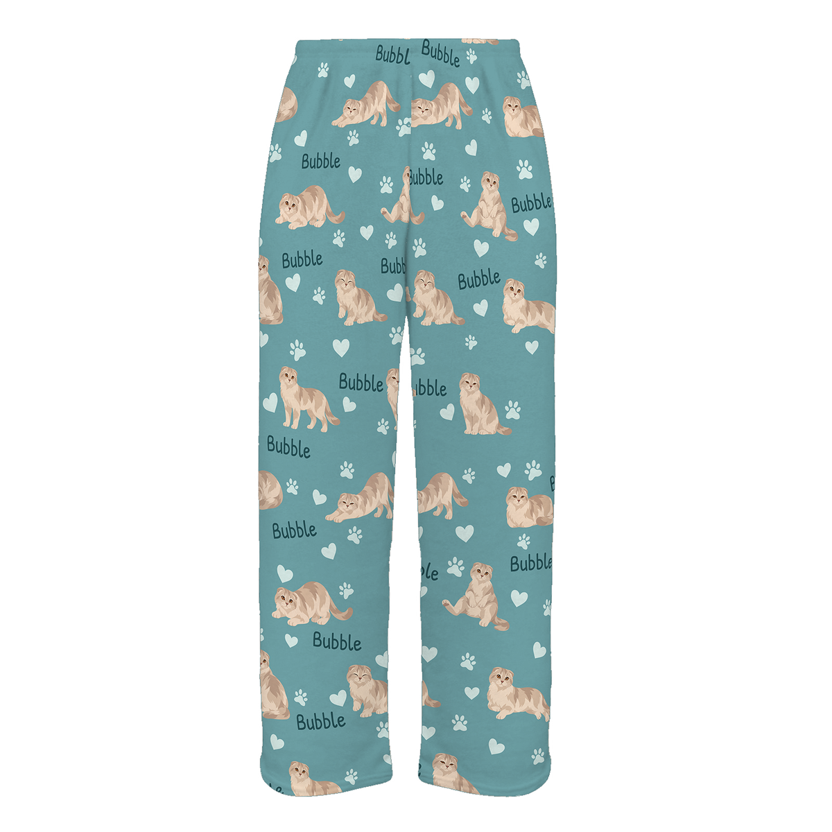 Personalized Scottish Fold Cat Pajama Pants, Custom Pet Name Fleece Trousers, Cat Lover Gift — 01 Muted Teal — full-trouser view