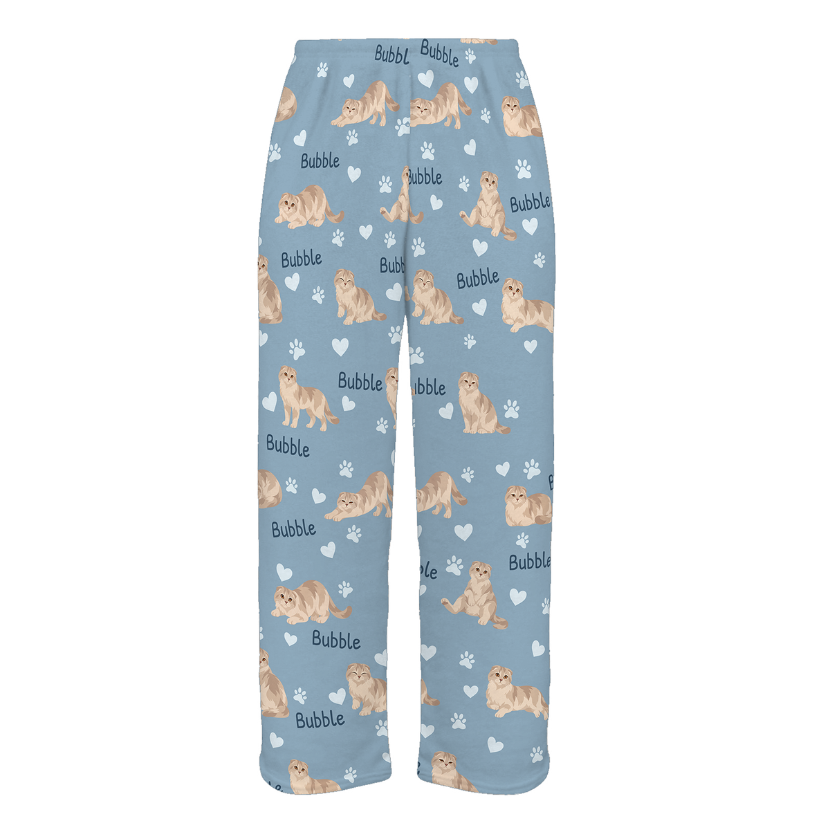 Personalized Scottish Fold Cat Pajama Pants, Custom Pet Name Fleece Trousers, Cat Lover Gift — 02 Dusty Blue — full-trouser view