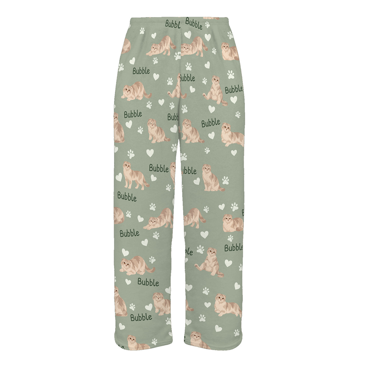 Personalized Scottish Fold Cat Pajama Pants, Custom Pet Name Fleece Trousers, Cat Lover Gift — 03 Soft Sage — full-trouser view