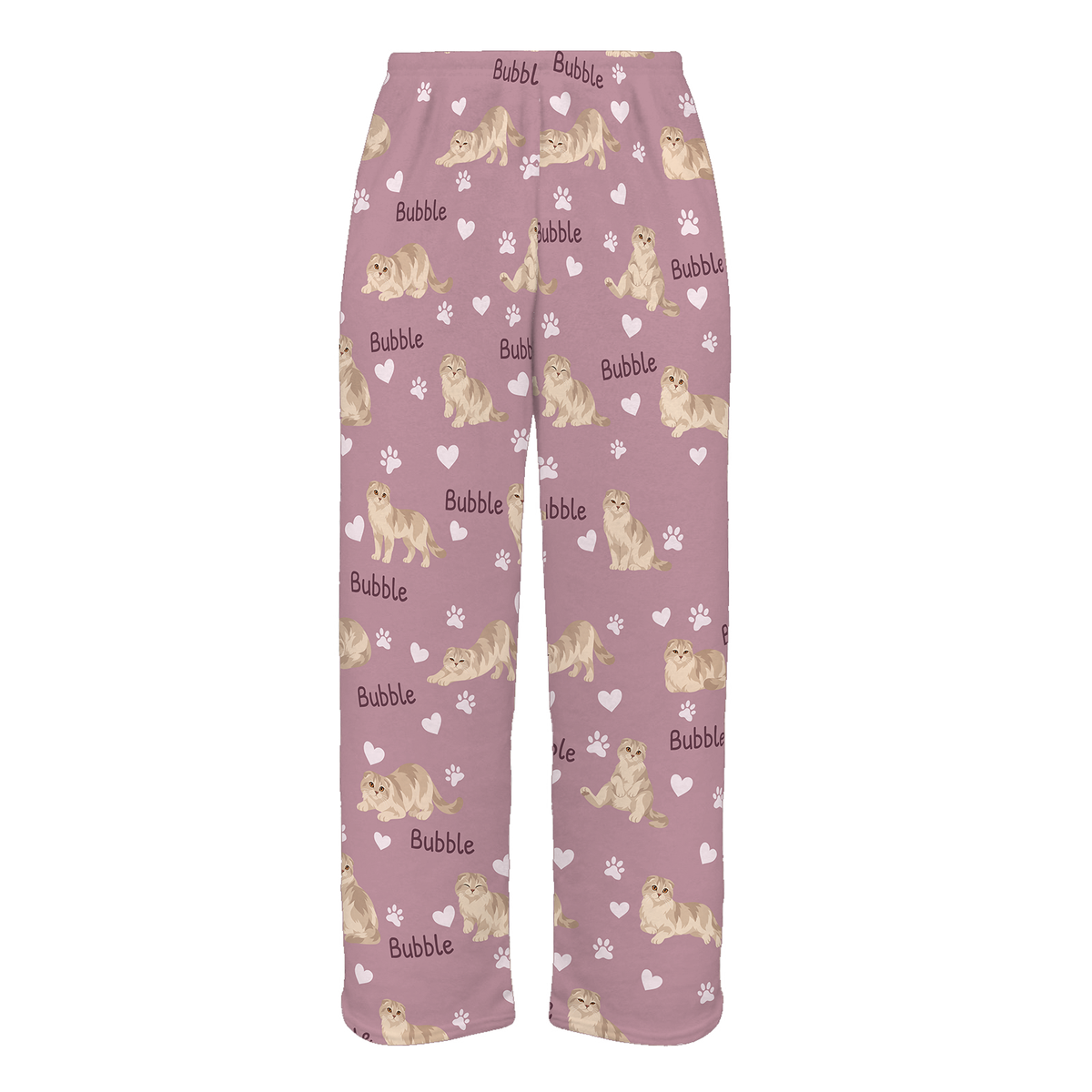 Personalized Scottish Fold Cat Pajama Pants, Custom Pet Name Fleece Trousers, Cat Lover Gift — 04 Dusty Rose — full-trouser view